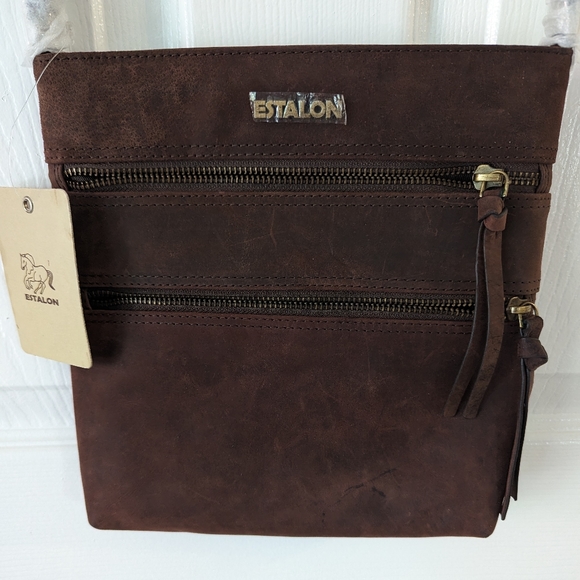 NWT Estalon Dark Brown Distressed Leather Crossbody Bag Purse - Picture 4 of 9